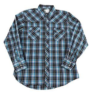 Wrangler Wrancher Shirt Mens Blue Pearl Snap Button Down Sz Large